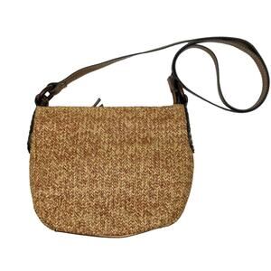 Fossil Natural Tan Raffia Wicker Gold Metallic Bronze Leather Y2K Crossbody Bag